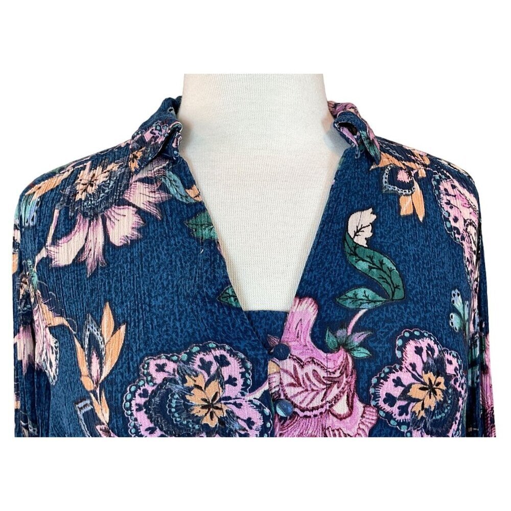 Vintage America Blues Floral Button-Up Blouse Tie Sleeves Vibrant Blues Pinks LG - Picture 3 of 10